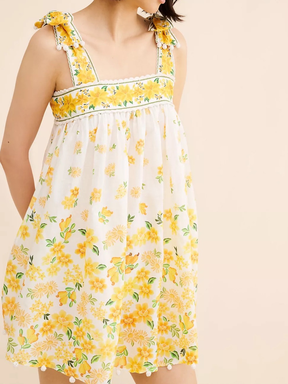 Farm Rio Women’s Yellow Floral Tie-Shoulder mini dress